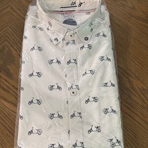 Denim & Flower White Button-Down short sleeve Shirt with Navy Scooter Print
